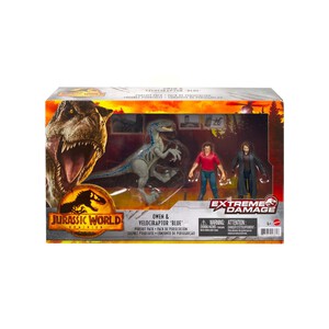 Pack de persecución Owen & Velociraptor Blue con 3 figuras, Daño Extremo JURASSIC WORLD.