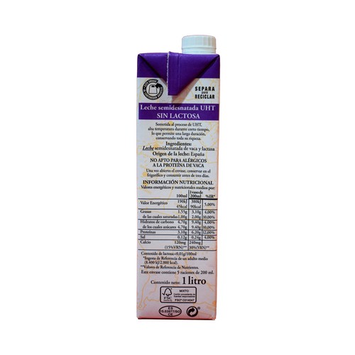 LA COLMENAREÑA Leche semidesnatada sin lactosa y sin gluten  1 l.
