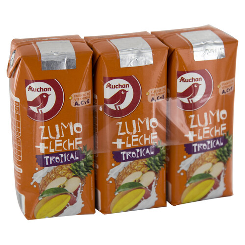 AUCHAN Leche con zumo de frutas tropicales 3 x 330 ml. Producto Alcampo