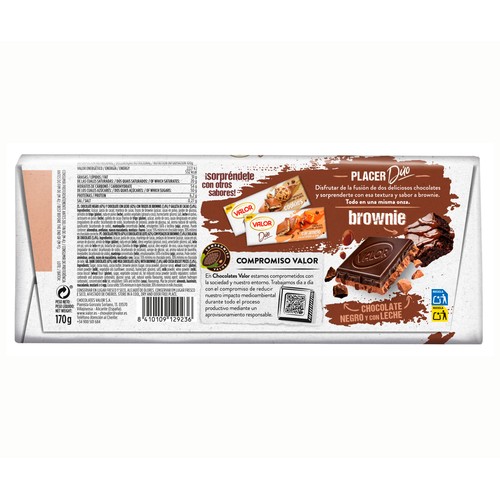 VALOR Duo Chocolate negro (47%) y chocolate con leche con trocitos de brownie tableta 170 g.