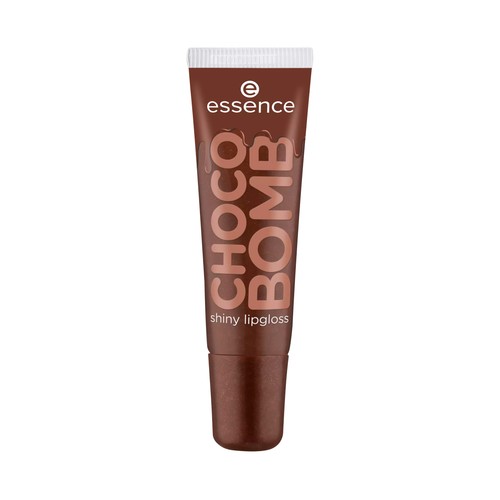 ESSENCE Choco bomb tono marrón Brillo de labios no pegajoso con partículas doradas brillantes.