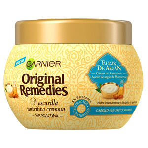 ORIGINAL REMEDIES Mascarilla capliar nutritiva y cremosa, sin siliconas, para cabellos muy secos y sin brillo ORIGINAL REMEDIES Elixir de Argán de Garnier 300 ml.