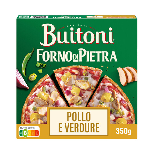 BUITONI Forno de pietra Pizza de pollo, vegetales y queso Mozzarella, con masa fina y crujiente 350 g.