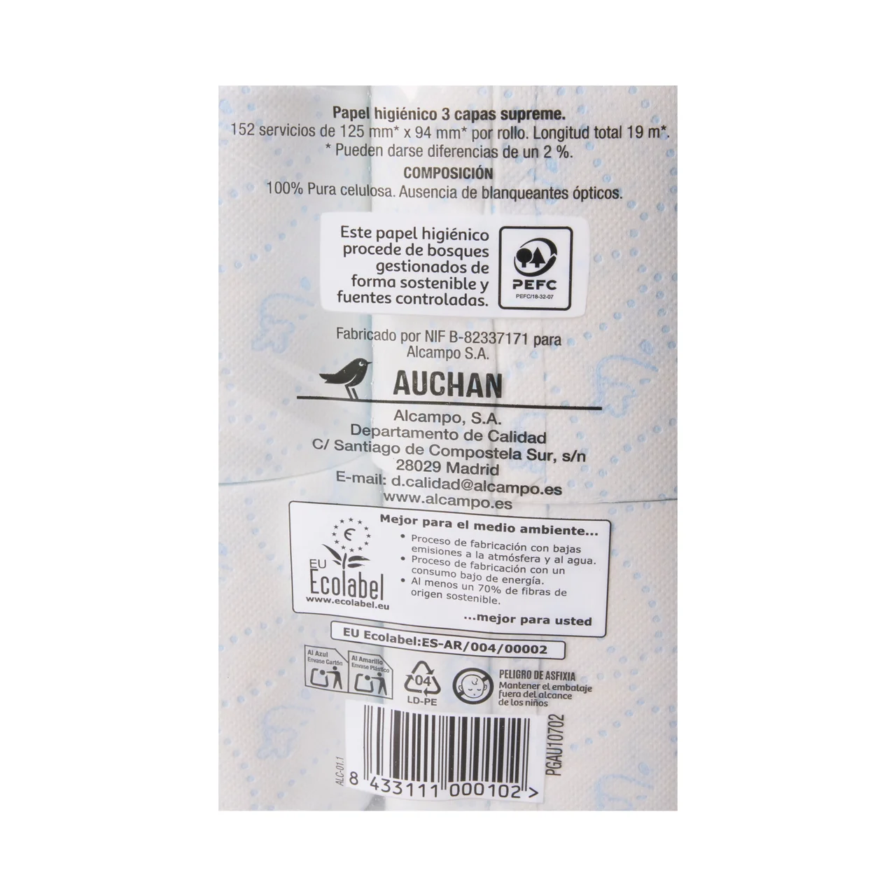 PRODUCTO ALCAMPO Papel higiénico con tres capas supreme y certificado Ecolabel 12 uds.