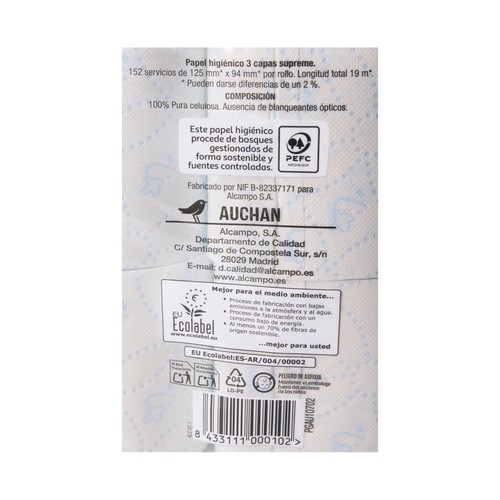 PRODUCTO ALCAMPO Papel higiénico con tres capas supreme y certificado Ecolabel 12 uds.