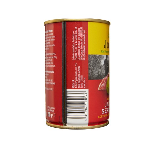 JOLCA Aceitunas verdes manzanilla rellenas de jamón serrano lata de 130 g.