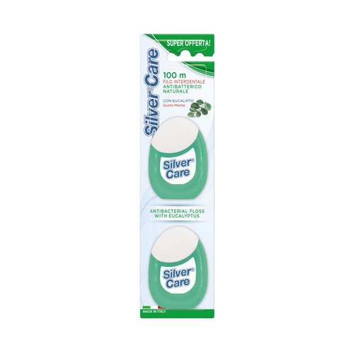 SILVER CARE Hilo (seda) dental antibacteriana, con eucalipto y sabor a menta 2 x 50 m.