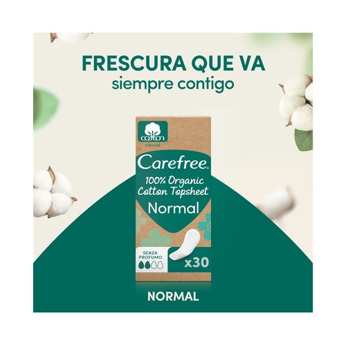 CAREFREE Cotton natural Protegeslip (salvaslips) normal, de algodón orgánico, hipoalergénicos y transpirables 30 uds.
