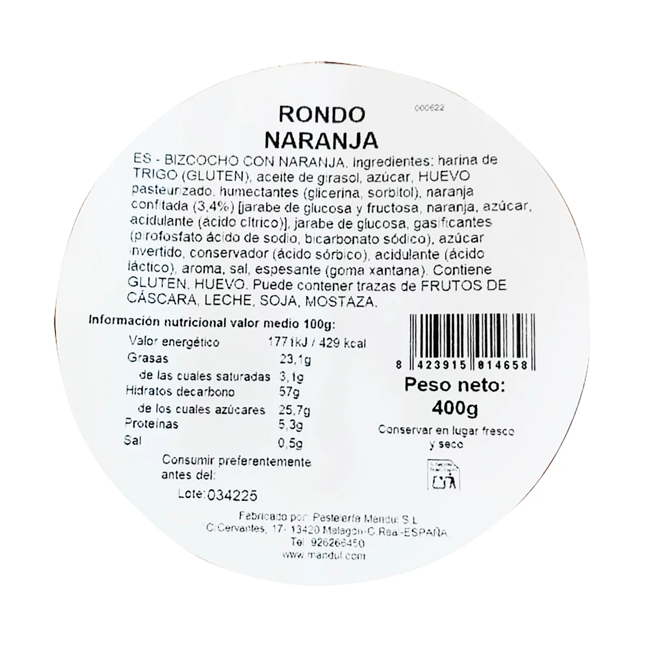 Bizcocho rondo de naranja 400 g.