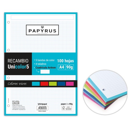 Recambios de folios A4 cuadrícula 4x4mm, 100 hojas con taladros 100gr Uniclasic. UNIEXTRA