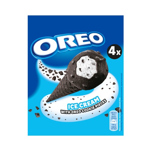 OREO Cono de helado de vainilla con trozos y recubrimientos de galletas al cacao 4 x 100 ml.