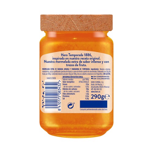 HERO Temporada 1886 Mermelada extra con trozos de naranja amarga y mandarina de temporada  bote 290 g.