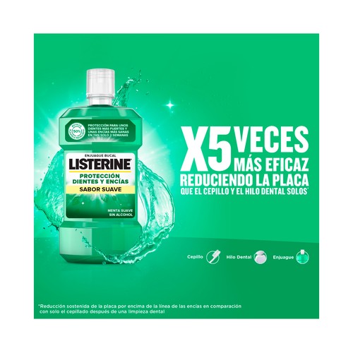 LISTERINE Enjuague bucal de uso diario, sin alcohol y con sabor a menta suave 500 ml.