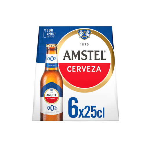 AMSTEL Cervezas sin alcohol, 0,0 % pack de 6 uds de 25 cl.