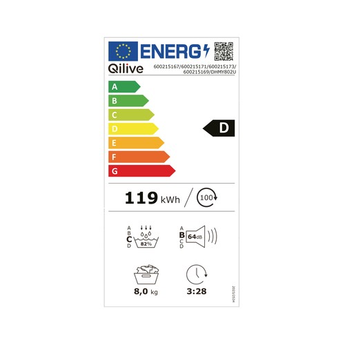 Secadora por condensación QILIVE Q.6167, capacidad de secado: 8KG, clasificación energética: D, H: 84,5cm, A: 59,5cm, F: 58cm.