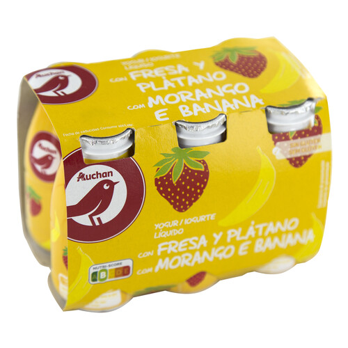 AUCHAN Yogur líquido para beber con fresa y plátano 6 x 100 g. Producto Alcampo