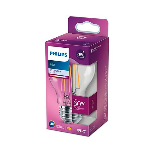 LED estándar filamento 60W, E27, 4000K, 850 LM, PHILIPS.
