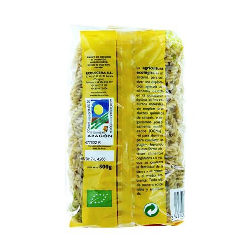 ECOLOCERA Pasta espirales ecológica, pasta compuesta integral de calidad superior ECOLECERA 500 g.