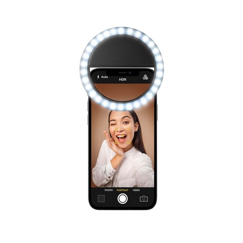 Aro de luz para selfies CELLULAR LINE SELFIERINGPOCKETK, 3 modos de iluminación, fijación por clip, batería recargable.