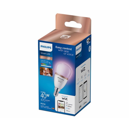 Bombilla Led inteligente E14, WiFi, 4,9W=40W, blanco + RGB multicolor, PHILIPS.