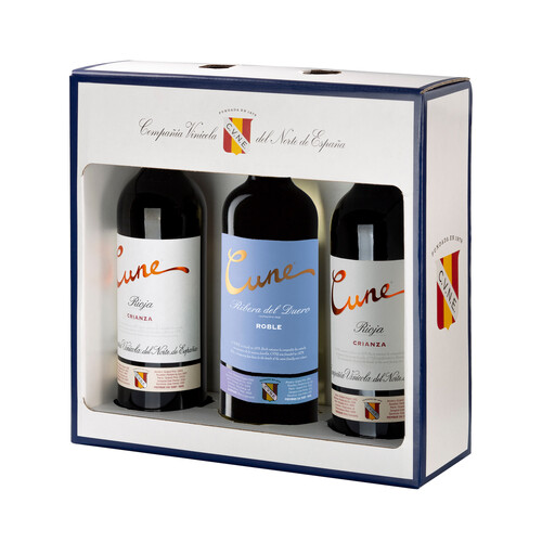 CUNE  Estuche con 2 botellas de vino tinto crianza D.O.C Rioja y botella de vino tinto Roble D.O. Ribera del Duero CUNE.