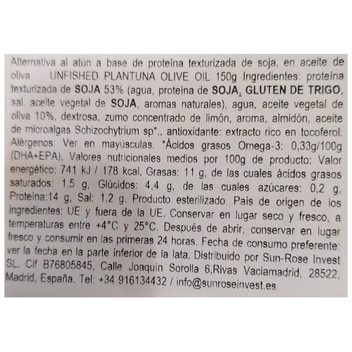 UNFISHED PLANTUNA Untable vegetal en aceite de oliva 150 g.
