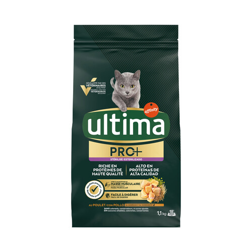 ULTIMA Pro+ Alimentación para gatos esterilizados ,con pollo, alto en proteínas y sin azúcares añadidos, 1,1 kg. 