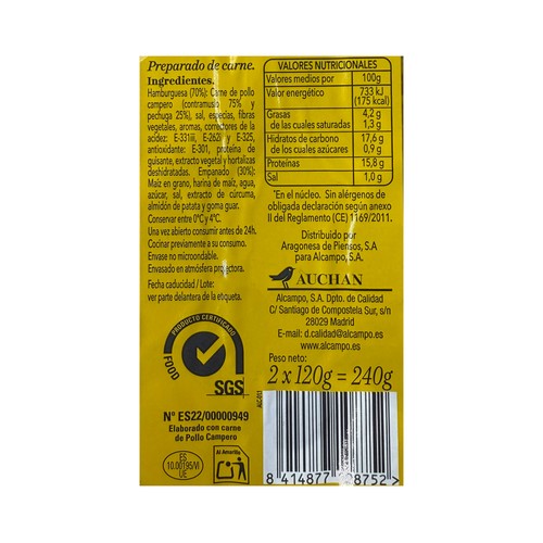 ALCAMPO CULTIVAMOS LO BUENO Hamburguesa de pollo campero, con rebozado crujiente 2 x 120 g.
