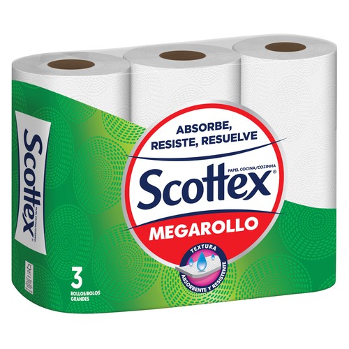 Papel de cocina con calidad, absorbe, resiste y resuelve SCOTTEX MEGARROLLO 3 uds.