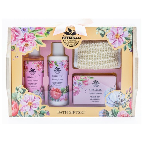 BECASAN NATURE Organic Bandeja con productos para la higiene femenina con olor a Peonia y Dalia.
