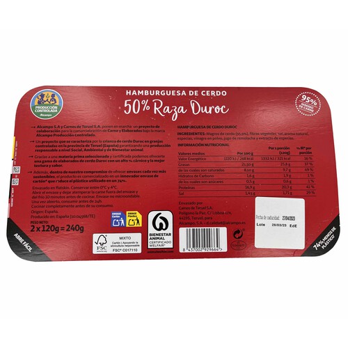 Hamburguesa de cerdo duroc ALCAMPO PRODUCCIÓN CONTROLADA 2x120 g.