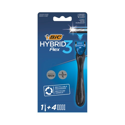 BIC Máquina de afeitar con cabezal de 3 hojas y 4 recambios BIC Hybrid 3 flex.