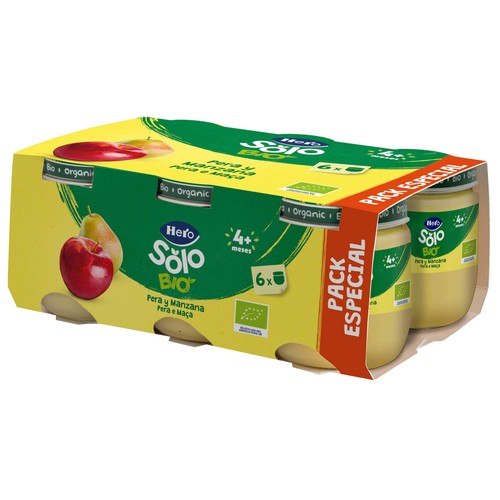 HERO Solo Bio Tarritos de fruta (pera y manzana) ecológica, a partir de 4 meses 6 x 120 g
