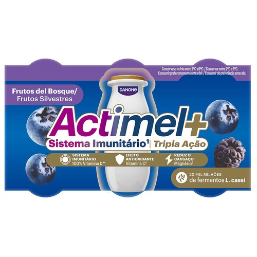ACTIMEL + de Danone Leche fermentada con Lcasei y sabor a arándano y mora 6 x 100 g.