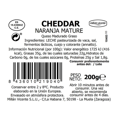 MILLÁN VICENTE Queso Cheddar madurado MILLÁN VICENTE 200 g.