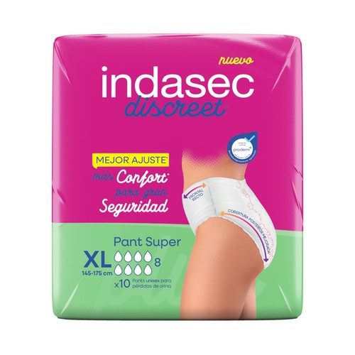 INDASEC Discreet Pants de incontinencia super, talla XL (145-175 cm), para perdidas de orina severas 10 uds
