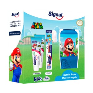 SIGNAL Super Mario - Kit cuidado bucal con 2 pastas y un cepillo de dientes infantil (0 - 6 años).