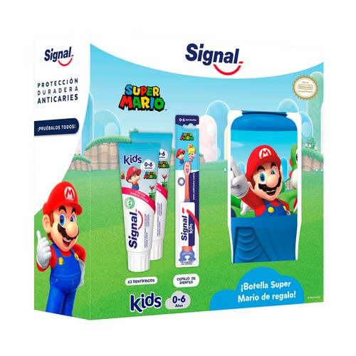 SIGNAL Super Mario - Kit cuidado bucal con 2 pastas y un cepillo de dientes infantil (0 - 6 años).