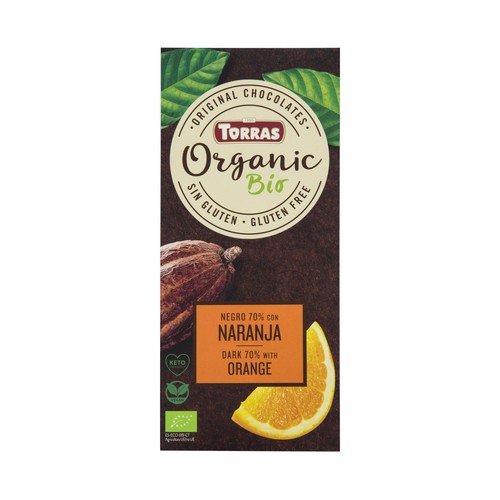 TORRAS Organic bio Tableta de chocolate negro (70% cacao), con naranaja liofilizada 100 g.