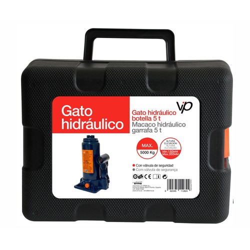 Gato hidráulico en formato botella, que soporta hasta 5 toneladas y es válido para un rango de altura de 185 a 335 milímetros VIP.