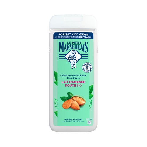 LE PETIT MARSEILIAIS Gel para baño o ducha extra suave con leche de almendras dulces bio, para pieles sensibles 650 ml.