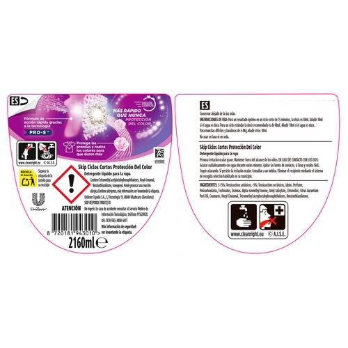 SKIP Detergente líquido protección del color, eficacia express, especial ciclos cortos 54 lavados.