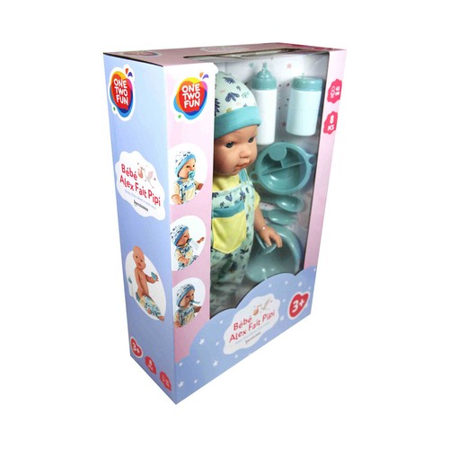 Muñeco Bebe 43 Cm Come y Hace Pipi Azul ONE TWO FUN ALCAMPO