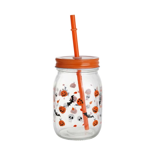 Jarra 40cl con cañita naranja, decorada Halloween. ACTUEL