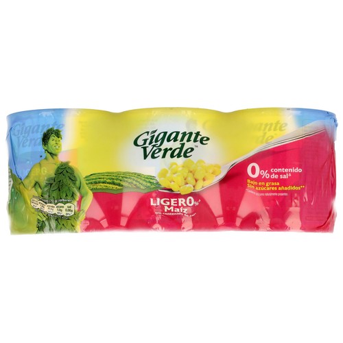 GIGANTE VERDE Maíz dulce bajo en grasa sin azúcares añadidos 3 uds x 140 g.