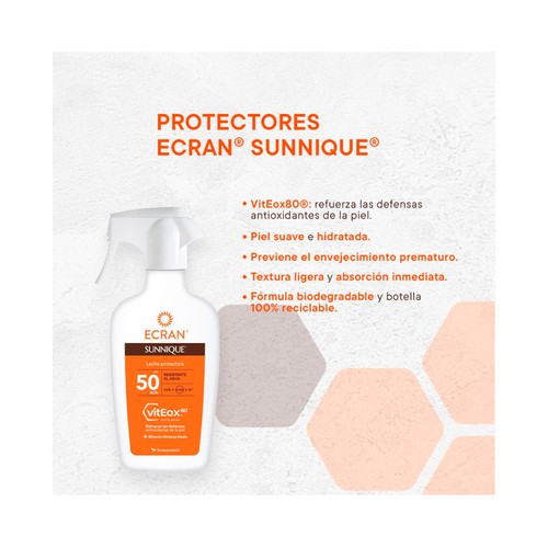 ECRAN Sunnique Leche solar en spray con acción protectora y FPS 50 (alta) 270 ml.