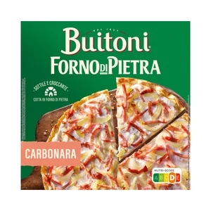 BUITONI Forno di piertra Pizza con bacon, cebolla y crema de leche (Salsa carbonara), con masa fina y crujiente 300 g.