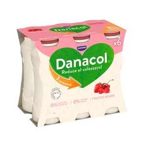 DANACOL Leche fermentada desnatada con edulcorantes, esteroles vegetales añadidos y sabor frutos rojos de Danone 6 x 100 g.