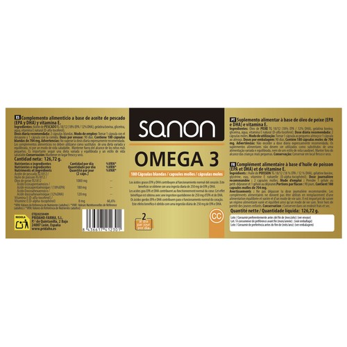 SANON Omega 3 (complemento nutricional) 180 cápsulas blandas.