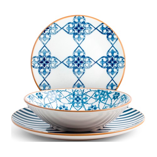 Vajilla completa de 18 piezas de loza decorada azul, Madeira H&H.